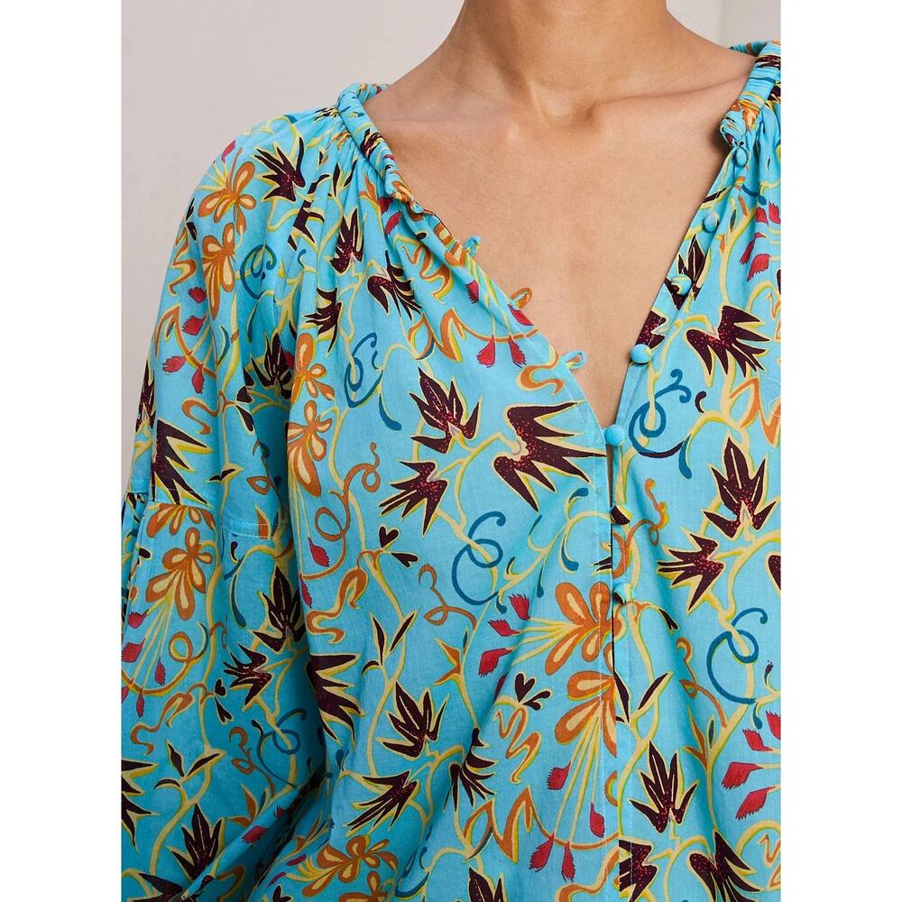 ALC Tropical Cotton Blouse Balloon Sleeve Turquoise 12 Resort Vacation Cruise - Picture 15 of 16